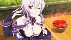 Rule 34 | 1girl, breasts, cleavage, food, game cg, highres, large breasts, looking at viewer, mole, mole on breast, official art, one eye closed, purple hair, red eyes, smile, solo, strea (sao), sword art online, sword art online: hollow fragment, wet