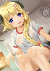 Rule 34 | 1girl, :d, absurdres, animal ears, blonde hair, blurry, blurry background, blush, bow, braid, breasts, clock, curled horns, depth of field, dutch angle, feet out of frame, gym shirt, gym shorts, gym uniform, hair bow, hair over shoulder, highres, hololive, horns, indoors, long hair, looking at viewer, medium breasts, nipples, no bra, ohiensis, open mouth, pink bow, purple eyes, red shorts, see-through, sheep ears, sheep girl, sheep horns, shirt, short shorts, short sleeves, shorts, single braid, sitting, smile, solo, sweat, tsunomaki watame, very long hair, virtual youtuber, wall clock, wet, wet clothes, wet shirt, wristband