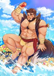 Rule 34 | 1boy, :q, abs, animal ears, armpit hair, bara, bare pectorals, beard, biceps, blush, bulge, character request, chest hair, chest tuft, coin, commission, daisukebear, facial hair, gem, gold coin, highres, indie virtual youtuber, island, large pectorals, loincloth, looking at viewer, male focus, mature male, muscular, muscular male, navel, navel hair, nipples, pectorals, pirate, red gemstone, second-party source, short hair, sitting, solo, tail, thick eyebrows, thick thighs, thighs, tongue, tongue out, treasure, treasure chest, virtual youtuber, waves, wolf boy, wolf ears, wolf tail
