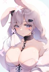 Rule 34 | 1girl, animal ears, bad id, bad twitter id, bdsm, between breasts, blush, breasts, rabbit ears, bustier, chain, character request, collar, collarbone, copyright request, eyes visible through hair, fur-trimmed jacket, fur trim, grey hair, hair ornament, hairclip, highres, jacket, kinako (shiratama mochi), lace, leash, lips, long sleeves, looking at viewer, metal collar, mole, mole under eye, grey eyes, simple background, slave, sleeves past wrists, smile, solo, twitter username, upper body, white bustier