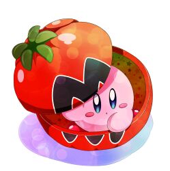 Rule 34 | :o, absurdres, blue eyes, blush, blush stickers, commentary request, full body, highres, in container, kirby, kirby (series), looking at viewer, maxim tomato, nintendo, no humans, open mouth, parted lips, simple background, solo, star (symbol), tomato, white background, yupiteru