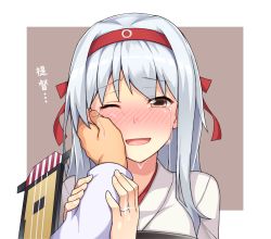 Rule 34 | 10s, 1boy, 1girl, ;d, aa-rance, admiral (kancolle), brown eyes, commentary request, crying, crying with eyes open, flight deck, hairband, hand on another&#039;s cheek, hand on another&#039;s face, happy, happy tears, japanese clothes, jewelry, kantai collection, long hair, looking at viewer, muneate, one eye closed, open mouth, pov, ring, shoukaku (kancolle), smile, solo focus, tears, upper body, wedding band, white hair