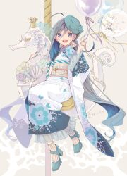 Rule 34 | 1girl, 2024, ahoge, alternate costume, balloon, colis, fingernails, full body, green footwear, green hat, green nails, grey eyes, grey hair, happy new year, hat, high heels, highres, holding, holding balloon, japanese clothes, kantai collection, kimono, kiyoshimo (kancolle), long hair, long sleeves, looking at viewer, nail polish, new year, obi, open mouth, sash, smile, solo, tilted headwear, very long hair, white kimono, wide sleeves
