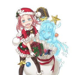Rule 34 | 2girls, :d, :o, antlers, bags under eyes, bauble, bell, black legwear, blue eyes, blue skin, bow, bowtie, box, breasts, carrying, choker, christmas, christmas ornaments, collar, colored eyelashes, colored skin, crop top, diagonal stripes, fur trim, garter straps, gift, gift box, gloves, hair between eyes, hairband, happy, haru (uchi no hime-sama), hat, head tilt, holding, holding gift, holly, horns, legs apart, long hair, looking at viewer, looking down, midriff, miniskirt, multiple girls, navel, official art, open mouth, parted lips, pink bow, pink bowtie, pink eyes, pink hair, pleated skirt, polka dot, pom pom (clothes), puffy short sleeves, puffy sleeves, red eyes, red hat, red ribbon, red shirt, red skirt, ribbon, ribbon choker, sack, santa costume, santa hat, sharp teeth, shirt, shoe-ji, short hair, short sleeves, skirt, small breasts, smile, snowman, standing, star (symbol), striped, surprised, teeth, thighhighs, transparent background, uchi no hime-sama ga ichiban kawaii, white gloves, white shirt, zettai ryouiki