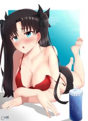 Rule 34 | 1girl, absurdres, bare shoulders, black hair, black shorts, blue background, blue eyes, blush, breasts, camisole, castell, cleavage, collarbone, fate (series), foreshortening, gradient background, highres, long hair, looking at viewer, lying, medium breasts, on stomach, open mouth, parted bangs, red camisole, short shorts, shorts, solo, tohsaka rin, two side up
