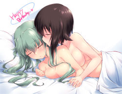 Rule 34 | 2girls, anchovy (girls und panzer), bed sheet, breasts, brown hair, collarbone, commentary request, closed eyes, girls und panzer, green hair, hair between eyes, hair over breasts, happy birthday, highres, holding hands, kiss, kuzuryuu kennosuke, long hair, medium breasts, multiple girls, nishizumi maho, nude, pillow, short hair, sleeping, yuri