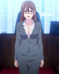 Rule 34 | 1girl, braid, breasts, brow eyes, brown hair, cleavage, french braid, glasses, grey skirt, highres, kami wa game ni ueteiru, large breasts, long sleeves, looking at viewer, miranda (kami wa game ni ueteiru), open mouth, screencap, shirt, skirt, stitched, teeth, third-party edit, upper teeth only, white shirt