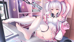 Rule 34 | 1girl, bare shoulders, chair, character request, computer, copyright request, dress, feet, feet up, full body, gen 8 pokemon, gloves, headphones, highres, computer keyboard, leg up, looking at viewer, microphone, monitor, computer mouse, nickit, no shoes, off-shoulder dress, off shoulder, panties, red eyes, sannio, silver hair, skirt, soles, table, thighhighs, toes, twintails, underwear, virtual youtuber, white gloves, white panties, white thighhighs