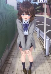 Rule 34 | 1girl, absurdres, blue eyes, blue socks, blush, bow, brown footwear, brown hair, buttons, day, fingernails, highres, jacket, lips, loafers, long sleeves, looking at viewer, medium hair, open clothes, open jacket, open mouth, original, outdoors, scan, shiny skin, shirt, shoes, skirt, socks, solo, unasaka ryou, zipper, zipper pull tab
