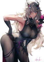 Rule 34 | 1girl, armor, backlighting, bare shoulders, black dress, black gloves, blonde hair, blush, breasts, brown pantyhose, chain, dress, earrings, elbow gloves, barghest (fate), barghest (second ascension) (fate), fate/grand order, fate (series), gauntlets, genyaky, gloves, green eyes, heterochromia, highres, horns, jewelry, large breasts, leaning forward, long hair, looking at viewer, necklace, open mouth, pantyhose, pauldrons, pelvic curtain, red eyes, shoulder armor, sideboob, single gauntlet, single pauldron, solo, thighs