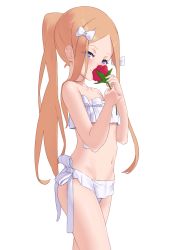 Rule 34 | 1girl, abigail williams (fate), abigail williams (swimsuit foreigner) (fate), abigail williams (swimsuit foreigner) (third ascension) (fate), bikini, blonde hair, blue eyes, bow, closed eyes, closed mouth, fate/grand order, fate (series), flat chest, flower, frilled bikini, frills, hair bow, highres, holding, holding flower, jilu, long hair, looking at viewer, navel, ponytail, red flower, red rose, rose, simple background, smile, solo, swimsuit, white background, white bikini, white bow