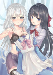 Rule 34 | 2girls, :o, black bra, black hair, blue eyes, blush, bow, bra, breasts, frills, grey eyes, grey hair, hair bow, hair ornament, hands up, highres, holding, holding clothes, long hair, looking at viewer, multiple girls, open mouth, original, parufeito, pink bow, red bow, sidelocks, skirt, small breasts, smile, underwear, yuri