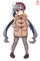 Rule 34 | 1girl, absurdres, ahoge, alternate costume, artist logo, beret, black pantyhose, brown coat, coat, commentary request, dated, duffel coat, full body, grey eyes, grey hair, grey skirt, grin, hair between eyes, hands in pockets, hat, highres, kanon (kurogane knights), kantai collection, kiyoshimo (kancolle), long hair, looking at viewer, low twintails, pantyhose, pleated skirt, red hat, simple background, skirt, smile, solo, twintails, white background, winter clothes