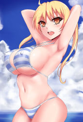 Rule 34 | 10s, 1girl, armpits, arms behind head, bakuon!!, bikini, blonde hair, blush, breasts, cloud, covered erect nipples, day, large breasts, long hair, looking at viewer, navel, ocean, open mouth, orange eyes, sayo ayato, sideboob, smile, solo, strap gap, striped bikini, striped clothes, suzunoki rin, swimsuit, twintails, underboob, yellow eyes