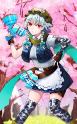 Rule 34 | 13 (spice!!), 1girl, :o, apron, back bow, belt, blue skirt, blue sky, blue vest, boots, bottle, bow, braid, brown belt, brown gloves, camouflage sleeves, camouflage thighhighs, cherry blossoms, collared shirt, denim vest, fingerless gloves, frilled apron, frilled hat, frills, game cg, gloves, grass, green bow, green footwear, green headwear, green scarf, grey nails, hair bow, hand on own hip, hat, holding, holding water gun, izayoi sakuya, izayoi sakuya (flower viewing), layered sleeves, long sleeves, looking at viewer, medium hair, miniskirt, mob cap, nail polish, official alternate costume, official art, open clothes, open mouth, open vest, outdoors, red eyes, scarf, shirt, short over long sleeves, short sleeves, single sleeve, skirt, sky, thigh belt, thigh strap, touhou, touhou cannonball, tree, twin braids, vest, waist apron, water bottle, water gun, white apron, white bow, white hair, white shirt