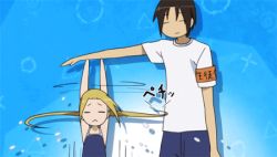 Rule 34 | 1boy, 1girl, :&lt;, animated, animated gif, armband, blonde hair, blouse, blue background, blue male swimwear, blue one-piece swimsuit, blue swim trunks, brown hair, closed eyes, competition school swimsuit, hagimura suzu, height difference, long hair, lowres, male school swimsuit, male swimwear, one-piece swimsuit, orange armband, school swimsuit, seitokai yakuindomo, shirt, short sleeves, spinning, standing, swim trunks, swimsuit, t-shirt, tsuda takatoshi, twintails, white shirt