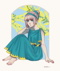 Rule 34 | 1girl, ancient greek clothes, aqua eyes, arm up, barefoot, capelin s, earrings, flower, full body, greco-roman clothes, grey hair, highres, jewelry, leaf, original, peplos, shadow, sidelocks, sitting, solo, twitter username, yellow flower