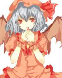 Rule 34 | 1girl, collar, cowboy shot, dress, female focus, frills, hat, hat ribbon, looking at viewer, puffy short sleeves, puffy sleeves, red dress, red eyes, red ribbon, remilia scarlet, ribbon, short hair, short sleeves, silver hair, simple background, solo, tetsuo (tashirosu), touhou, white background