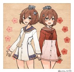Rule 34 | 2girls, blue sailor collar, blush, brown eyes, brown hair, dress, dual persona, flower, hair ornament, headgear, holding hands, kantai collection, long sleeves, multiple girls, neckerchief, open mouth, red sailor collar, sailor collar, sailor dress, short hair, simple background, tan yang (kancolle), teeth, twitter username, upper teeth only, wss (nicoseiga19993411), yukikaze (kancolle)