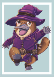 Rule 34 | absurdres, animal, borrowed character, brown eyes, furry, glasses, hat, highres, magic, non-web source, original, platypus, smile, tail, walking, waving, webbed feet, webbed hands, wizard, wizard hat