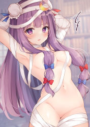 Rule 34 | 1girl, absurdres, armpits, arms up, bandages, blue bow, blunt bangs, blurry, blurry background, blush, bookshelf, bow, breasts, bun cover, cowboy shot, crescent, crescent hair ornament, hair b0w, hair ornament, hair ribbon, highres, indoors, long hair, looking at viewer, medium breasts, miy@, naked bandage, navel, open mouth, patchouli knowledge, purple eyes, purple hair, red bow, ribbon, sidelocks, solo, sweat, touhou, tress ribbon, very long hair