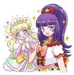 Rule 34 | 2girls, :d, blonde hair, blunt bangs, bow, commentary request, cosplay, costume switch, crown, dress, fur-trimmed dress, fur trim, hair bow, hanazono shuka, hands on own cheeks, hands on own face, hands up, idol clothes, idol time pripara, long hair, looking at viewer, multiple girls, open mouth, pink bow, ponytail, pretty series, pripara, purple eyes, purple hair, red bow, ringlets, rituyama1, short sleeves, simple background, smile, sparkle, standing, star (symbol), star print, two side up, upper body, white background, yumekawa yui