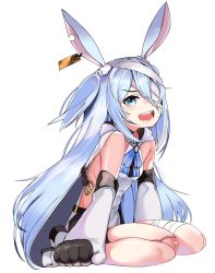 Rule 34 | 1girl, animal ears, bandages, bandage over one eye, bandaged head, bandaged leg, bandages, bike shorts, black shorts, blue eyes, boots, rabbit ears, cape, doll joints, ear tag, elbow gloves, gloves, highres, joints, korean commentary, little witch nobeta, long hair, monica (little witch nobeta), open mouth, sharp teeth, short shorts, shorts, silver hair, simple background, sitting, smile, solo, tabard, teeth, thighs, torpedo (gad3757), two side up, very long hair, white background, white cape, white footwear, white gloves, white tabard