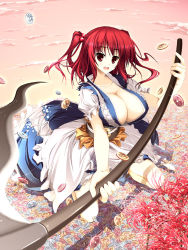 Rule 34 | 1girl, ashermes, bad id, bad pixiv id, breasts, cleavage, coin, female focus, hair bobbles, hair ornament, huge breasts, nature, onozuka komachi, outdoors, red eyes, red hair, scythe, short hair, sky, solo, touhou, twintails, two side up