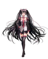 Rule 34 | 1girl, bad id, bad pixiv id, black hair, boots, long hair, necktie, red eyes, simple background, smile, solo, thigh boots, thighhighs, twintails, very long hair, vocaloid, zatsune miku, zettai ryouiki