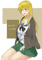 Rule 34 | 10s, 1girl, absurdres, anzio military uniform, black neckerchief, blonde hair, blouse, breasts, carpaccio (girls und panzer), dated, girls und panzer, green eyes, green skirt, grey jacket, highres, irukatto, jacket, jacket on shoulders, large breasts, long hair, long sleeves, looking at viewer, military jacket, miniskirt, neckerchief, ooarai school uniform, open mouth, pleated skirt, school uniform, serafuku, shirt, sitting, skirt, smile, solo, twitter username, white shirt