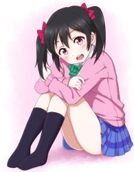 Rule 34 | 10s, 1girl, :d, black hair, blue skirt, bow, bowtie, green bow, green bowtie, hair bow, head tilt, kneehighs, long sleeves, looking at viewer, love live!, love live! school idol project, mohya, open mouth, plaid, plaid skirt, pleated skirt, red bow, school uniform, short hair, skirt, smile, socks, solo, sweater, thighs, twintails, yazawa nico