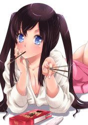 Rule 34 | 1girl, amasora taichi, black hair, blue eyes, blush, brand name imitation, breasts, brown hair, cleavage, downblouse, food, head rest, large breasts, looking at viewer, lying, mouth hold, nail art, nail polish, no bra, on stomach, original, pocky, simple background, solo, sweater, twintails