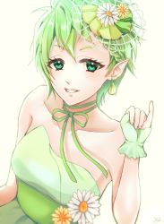 Rule 34 | 1girl, bad id, bad pixiv id, bare arms, bare shoulders, braid, breasts, choker, collarbone, dress, earrings, flat furari, flower, green dress, green eyes, green hair, green ribbon, grin, hair between eyes, hair flower, hair ornament, hair ribbon, jewelry, macross, macross delta, parted lips, pointy ears, reina prowler, ribbon, ribbon choker, short hair, simple background, single braid, small breasts, smile, solo, strapless, strapless dress, upper body, white background, white flower, yellow flower