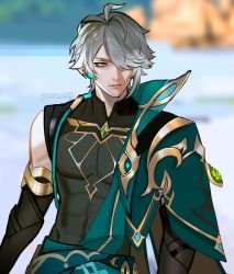 Rule 34 | 1boy, ahoge, alhaitham (genshin impact), blue eyes, blurry, blurry background, cape, covered navel, elbow gloves, gem, genshin impact, gloves, green gemstone, grey hair, hair over one eye, highres, looking to the side, male focus, mistermagnolia, muscular, muscular male, outdoors, parted lips, see-through, short hair, solo, swept bangs, twitter username, upper body