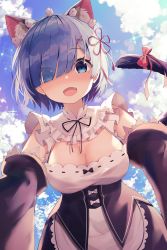 Rule 34 | 1girl, absurdres, animal ears, bitseon, blue eyes, blue hair, blush, breasts, cat ears, cat girl, cat tail, cleavage, cloud, commentary, day, detached sleeves, fang, flower knot, frilled sleeves, frills, hair ornament, hair over one eye, hair ribbon, highres, huge filesize, large breasts, looking at viewer, maid, medium breasts, open mouth, outdoors, re:zero kara hajimeru isekai seikatsu, red ribbon, rem (re:zero), ribbon, ribbon trim, roswaal mansion maid uniform, short hair, solo, tail, x hair ornament