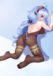 Rule 34 | 1girl, absurdres, against wall, ahoge, ass, bare shoulders, blue hair, blush, bodysuit, bow, breasts, cameltoe, from behind, ganyu (genshin impact), genshin impact, hair bow, highres, horns, jip, kneeling, large breasts, leotard, long hair, looking at viewer, looking back, open mouth, pantyhose, purple eyes, sideboob, solo, very long hair