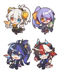 2boys 2girls bandage_over_one_eye bartender bell black_hair blue_eyes bottle bow chibi chibi_only cup dragon_girl dragon_horns drinking_glass gloves hair_bell hair_between_eyes hair_bow hair_ornament heterochromia highres horns ideal_(p&amp;d) japanese_clothes kurotobi_(p&amp;d) kuuron_(moesann17) long_hair long_sleeves multicolored_hair multiple_boys multiple_girls open_mouth pointy_ears ponytail purple_hair puzzle_&amp;_dragons red_eyes red_hair sake_bottle shirt smile suou_(p&amp;d) touka_(p&amp;d) vest white_background white_hair white_shirt wine_bottle wine_glass