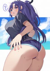 Rule 34 | 1girl, ?, absurdres, ass, bare legs, black shirt, blue archive, blue buruma, blue panties, blue sky, blush, border, breasts, buruma, bushinofuji, cloud, collarbone, commentary request, gym shirt, gym uniform, halo, highres, large breasts, long hair, looking at viewer, panties, panties under buruma, purple hair, shirt, short sleeves, sky, solo, spoken question mark, standing, star sticker, sticker on face, thick thighs, thighs, underwear, wedgie, white background, yuuka (blue archive), yuuka (track) (blue archive)