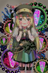 Rule 34 | 1girl, alina gray, black bow, black hat, black vest, blonde hair, blunt ends, blush, bow, chain, collar, detached collar, doppel (madoka magica), fishnet thighhighs, fishnets, fur-trimmed thighhighs, fur cuffs, fur trim, garter straps, gem, green gemstone, green hair, hair between eyes, hands on own face, hat, highres, ijen (ljenejl), long hair, looking at viewer, magia record: mahou shoujo madoka magica gaiden, magical girl, mahou shoujo madoka magica, multicolored clothes, multicolored hair, multicolored skirt, old dorothy, open mouth, peaked cap, pleated skirt, puffy short sleeves, puffy sleeves, short sleeves, sidelocks, skirt, smile, solo, straight hair, streaked hair, striped clothes, striped skirt, thighhighs, v-neck, vertical-striped clothes, vertical-striped skirt, vest, waist bow, white collar