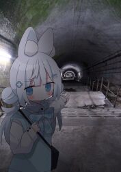 Rule 34 | 1girl, animal ear fluff, animal ears, bag, blue eyes, blush, closed mouth, collared shirt, commentary, double bun, dress shirt, grey hair, hair bun, hair ornament, hairclip, highres, indoors, long hair, long sleeves, low twintails, nakkar, original, outstretched arm, photo background, pointing, puffy long sleeves, puffy sleeves, railing, shirt, shoulder bag, solo, stairs, sweater vest, symbol-only commentary, twintails, twitter username, upper body, white shirt