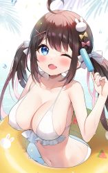 Rule 34 | 1girl, ;d, ahoge, ayamy, ayamy (vtuber), bare arms, bare shoulders, bikini, blue eyes, braid, breasts, brown hair, cleavage, collarbone, covered erect nipples, fang, food, frilled bikini, frills, hair ornament, hand up, highres, holding, indie virtual youtuber, innertube, large breasts, long hair, looking at viewer, navel, one eye closed, open mouth, popsicle, sidelocks, skin fang, smile, solo, stomach, string bikini, swim ring, swimsuit, twintails, virtual youtuber, wet, white bikini, x hair ornament