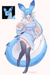 Rule 34 | 1girl, absurdres, animal ears, artist name, asekeu, black thighhighs, blue dress, blue eyes, blue hair, chillet, claw pose, commentary, detached sleeves, dress, english commentary, fur-trimmed dress, fur-trimmed sleeves, fur trim, game screenshot inset, highres, looking at viewer, monster girl, multicolored hair, open mouth, pal (creature), palworld, personification, reference inset, smile, solo, tail, thighhighs, two-tone hair, white hair