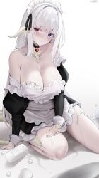 Rule 34 | 1girl, absurdres, apron, au ra, bare shoulders, black collar, black dress, blue eyes, blunt bangs, blush, breasts, cleavage, collar, commentary request, cup, dragon girl, dragon horns, dragon tail, dress, eyes visible through hair, final fantasy, final fantasy xiv, heterochromia, highres, horns, ice, ice cube, juliet sleeves, large breasts, long hair, long sleeves, maid, maid apron, maid headdress, off shoulder, paid reward available, puffy sleeves, purple eyes, scales, shhilee, sidelocks, sitting, solo, tail, tearing up, warrior of light (ff14), wet, white apron, white hair