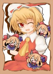Rule 34 | &gt;:d, &gt; &lt;, 4girls, :d, ;d, ^ ^, arm up, ascot, blonde hair, blush, bow, bowtie, chibi, closed eyes, collaboration, dress, fang, female focus, flandre scarlet, hair bow, hat, hat bow, hitotonoya misaki, horn ornament, horn ribbon, horns, ibuki suika, large bow, long hair, mini person, minigirl, multiple girls, multiple persona, one eye closed, open mouth, orange hair, outstretched arms, red eyes, ribbon, shirt, single horn, skirt, skirt set, smile, spread arms, touhou, upper body, v-shaped eyebrows, wink, xd, yanagi (nurikoboshi), | |