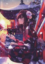 Rule 34 | 1girl, absurdres, blurry, chigami hikage, fingernails, footprints, full body, hair bun, hair ornament, hanikami kanojo, highres, japanese clothes, kimono, long sleeves, out of frame, outdoors, piromizu, scan, simple background, snow, snowing, squatting, sunset, wide sleeves