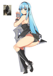 Rule 34 | 1girl, absurdres, ass, bad id, bad pixiv id, bare shoulders, black bow, black footwear, black hairband, black panties, black skirt, blue eyes, blue hair, boots, bow, breasts, closers, full body, gorilla, hairband, high-waist skirt, high heel boots, high heels, highres, holding, holding weapon, knee boots, long hair, looking at viewer, looking back, medium breasts, panties, photo-referenced, skirt, sni (qkrrjsdn03), solo, sword, thighs, underwear, very long hair, violet (closers), weapon, white background