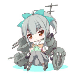 Rule 34 | 10s, 1girl, ahoge, brown eyes, chibi, closed mouth, hair ornament, kantai collection, long hair, looking at viewer, pantyhose, personification, school uniform, serafuku, silver hair, simple background, skirt, smile, solo, white background, yuncha, yuubari (kancolle)