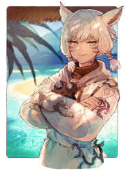 Rule 34 | 1girl, animal ears, beach, border, cat ears, cat girl, cat tail, commentary, cowboy shot, cropped torso, crossed arms, dappled sunlight, day, facial mark, final fantasy, final fantasy xiv, goggles, goggles around neck, green eyes, hair tubes, highres, jacket, leaf, long sleeves, looking at viewer, low-tied sidelocks, miqo&#039;te, mugi kosuta, neck tattoo, ocean, outdoors, outside border, short hair, slit pupils, smile, solo, standing, sunlight, tail, tattoo, water, white border, white hair, white jacket, y&#039;shtola rhul