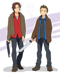 Rule 34 | 10s, 2boys, animification, blue eyes, brown eyes, brown hair, dean winchester, gun, jacket, jewelry, knife, male focus, mimana, multiple boys, necklace, sam winchester, siblings, supernatural (tv series), weapon