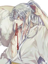 Rule 34 | 1boy, abs, arms up, biting, closed mouth, collarbone, crescent, facial mark, fur trim, high ponytail, highres, inuyasha, long hair, long sleeves, looking to the side, male focus, mgmg 1012, mouth hold, open clothes, pointy ears, sesshoumaru, simple background, solo, upper body, white background, white hair, yellow eyes